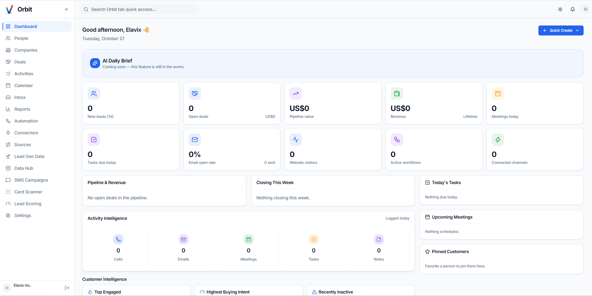 Actual Elavix Orbit CRM dashboard showing relationship and activity workspace