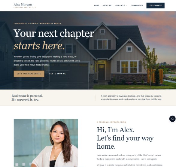 Actual published Signature Realtor homepage, showing navigation, a house hero photograph, and personal real estate messaging